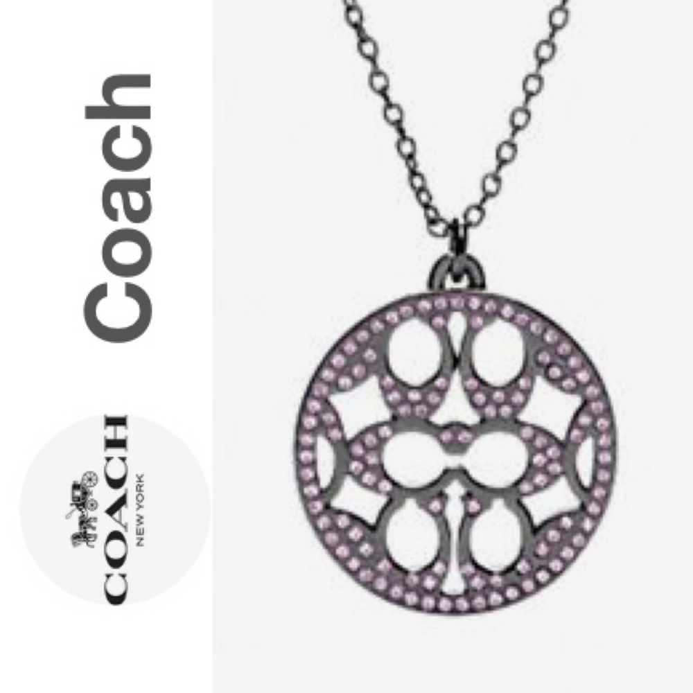Coach Pave Lavender Stone Signature Disc Necklace